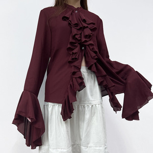 Camicie Casual in Chiffon Bianco con <span class=keywords><strong>Volant</strong></span> Linad, Bluse e <span class=keywords><strong>Top</strong></span> Femminili con Maniche a Campana e <span class=keywords><strong>Volant</strong></span> Laminati - Product Image 3
