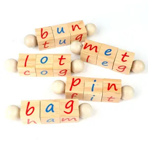 Wooden Reading Blocks Short Vowel Rods Spelling Games Flash Cards Turning Rotating Letter Puzzle for Kids