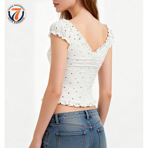 Blusa Corta de Mujer con Hombros Descubiertos, Estampado de Lunares, Mangas con Volantes, Cuello en V, Estilo Casual y Elegante, Fabricante de Camisetas de Verano - Product Image 2