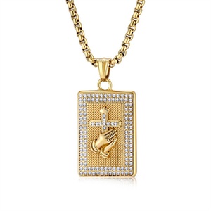 Collier Croix Mains Pliées Plaqué Or Hip-hop avec Zircon Incrusté, Bijou Pendentif Chrétien - Product Image 6