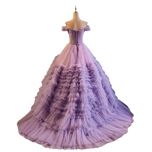 Purple Off The Shoulder Ball Gown Empire Waist Tulle Layered Evening Dress For Wedding Party Princess Style - Product Image 5