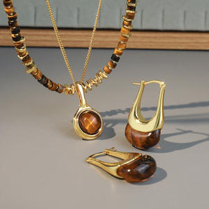 Conjunto de Joyería Vintage con Collar y Aretes de Piedra Natural, Collar de Cuentas de Ojo de Tigre Marrón de Acero Inoxidable para Mujer - Product Image 2