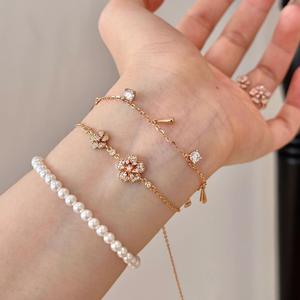 Romantic S925 Pure Silver & <b>Rose</b> <b>Gold</b> Plated Double Flower Diamond Cherry Blossom Ring Bracelet Necklace Silver <b>Jewelry</b> <b>Set</b> - Product Image 3