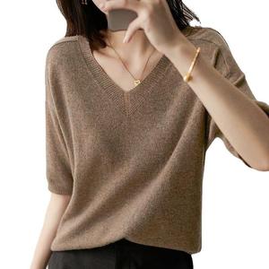 Atasan Rajut Wanita Model Baru Kerah V Lengan Setengah Warna Solid Pakaian Rajut Kaos Longgar Kasual Pullover Sweater Blus - Product Image 1