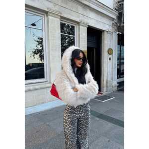 Abrigo con capucha de piel sintética estilo vintage, impermeable, con cremallera, estampado a cuadros, de leopardo, de oveja, corto, largo, tipo gabardina, de piel sintética de zorro teñida, de algodón. - Product Image 5