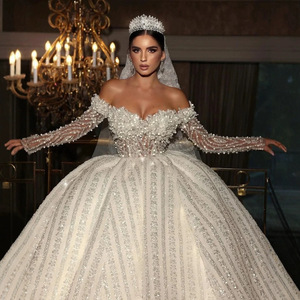 LY-WD0486ブライダルボールガウン高級ウェディングドレスブライドビーズレーススパンコールオフショルダー長袖カスタマイズサイズ - Product Image 5