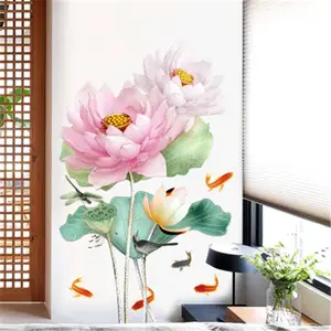 New Chinese Style Wall Decor Pink Golden Lotus Stickers For Room Wall Red Fishes Wallpaper For Bedroom TV Background Wall Mural