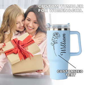 Impression 3d personnalisée nom et fleur de naissance bouteille d'eau en acier inoxydable cadeau de voyage tasses avec poignée et paille - Product Image 5
