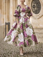 Robe vintage à imprimé rose pour femmes, manches bouffantes, jupe évasée, taille à la française, robe midi ajustée