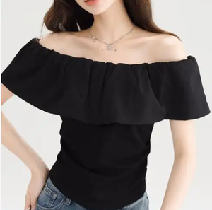 Top Nero da Donna con <span class=keywords><strong>Spalle</strong></span> <span class=keywords><strong>Scoperte</strong></span> e Volant, Manica Corta, Blusa Aderente, Elegante Camicia Estiva Casual per Signore - Product Image 2