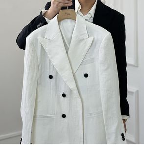 Costume de mariage pour homme, style décontracté et tendance, en lin, coupe slim, double boutonnage, semi-doublé, style britannique - Product Image 6