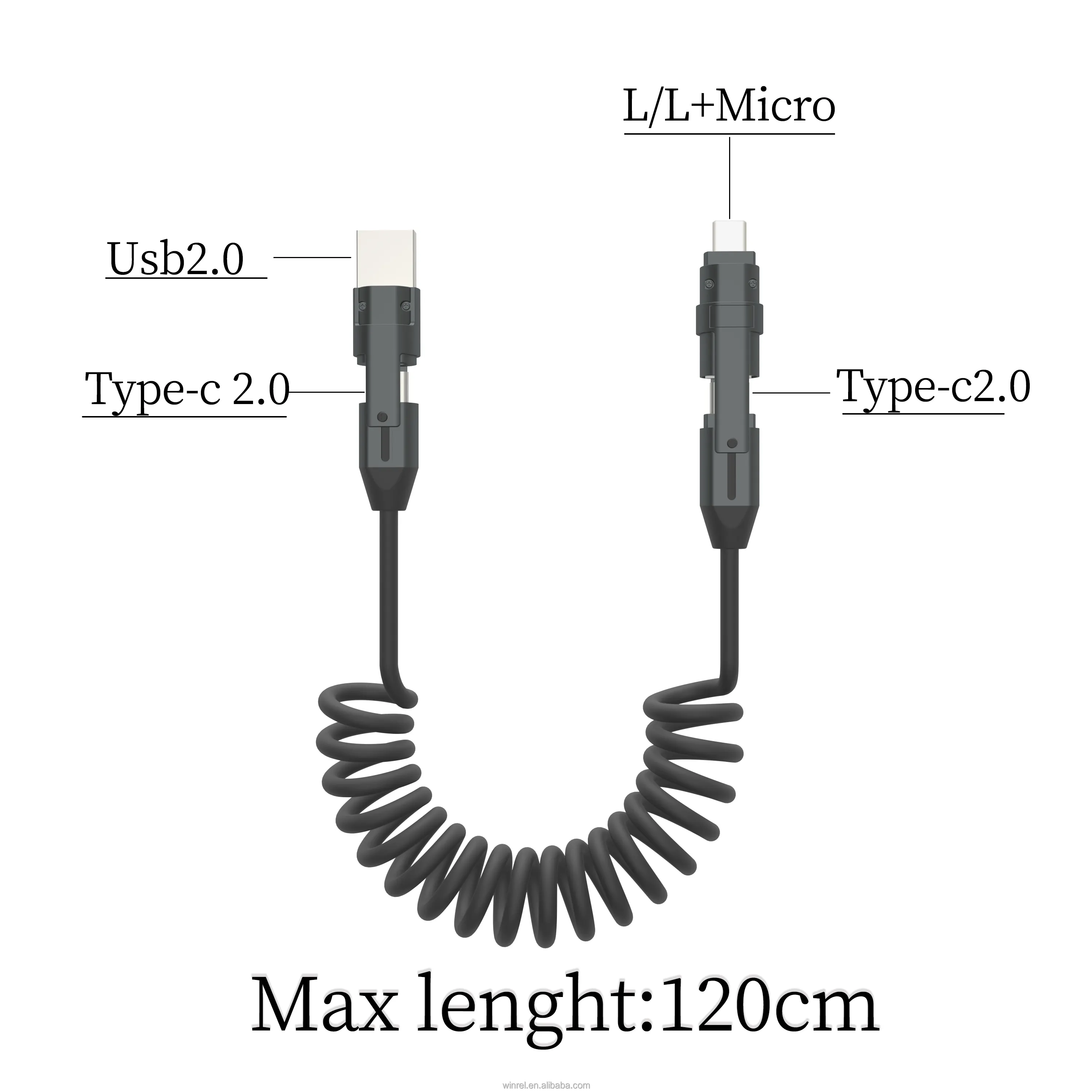 Kabel pengisi daya Cepat 150CM, kabel USB pegas 4 In 1, pengisian daya maksimum 60w USB A tipe-c ke tipe-c