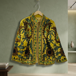 Chaqueta Amarilla de Primavera para Mujer, Hecha a Mano, Bordada con Flores, Cuello Mandarín, Manga Larga, Largo Regular - Product Image 2