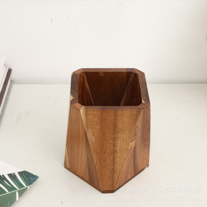 Wooden Pen Holder Diamond Shape <b>Solid</b> <b>Wood</b> Office <b>Desk</b> Stationery Storage Box For Makeup Brush And Pens - Product Image 3