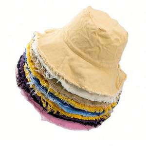 Chapeau Bob Femme Tendance Été en Coton Lavé, Personnalisable avec Logo, Couleur Unie, Pliable, Bord Effiloché, Vente en Gros - Product Image 1