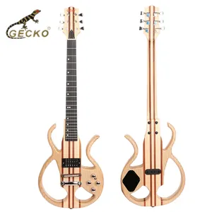 GECKO Hollow elektrik gitar doğal katı maun ahşap boyun-thru vücut sessiz elektrik gitar dahili bozulma pedalı ile