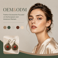 Pendientes Colgantes de Ágata Roja con Forma de Moneda Étnica, Chapados en Oro, de Latón, OEM/ODM, Joyería Bohemia Personalizada al por Mayor para Mujer