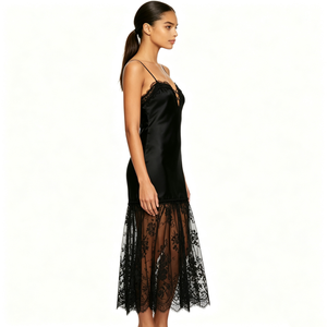 <span class=keywords><strong>Robe</strong></span> de nuit en satin noir avec dentelle, col en V sexy, bretelles croisées, ourlet floral transparent, lingerie mi-longue pour femme - Product Image 2