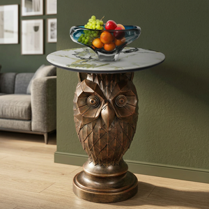 Owl Sculpture Side <b>Table</b> With Faux <b>Marble</b> Top Base Decorative Living Room Furniture Eclectic Style Antique Finish - Product Image 6