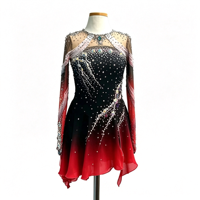 Robe de patinage artistique à col haut et manches longues, dégradé noir et rouge, avec strass en maille pour enfants et adultes, pour les compétitions sur glace