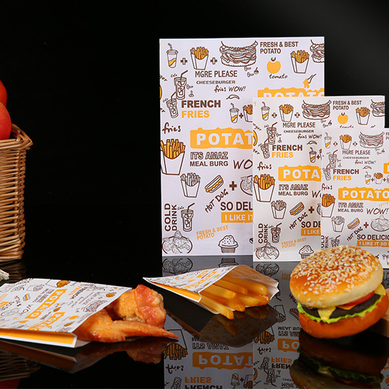 Saco de papel à prova de graxa descartável Food Grade Branco Fast Food Embalagem French Fries Snack Boca plana Oil-Proof Paper Bag