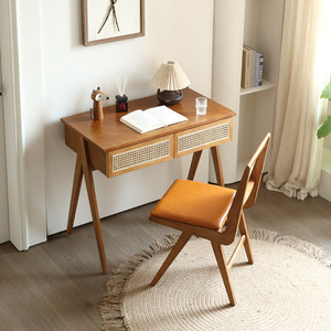 Wabi-Sabi Style <b>Solid</b> <b>Wood</b> Rattan <b>Desk</b> Home Bedroom Integrated Dressing Table Nordic Style for Compact Apartments Chongqing - Product Image 2
