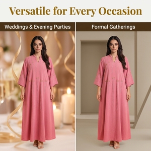 Robe longue élégante et modeste rose tissée brodée à manches longues coupe ample pour femme, idéale pour le quotidien et les boutiques décontractées - Product Image 5
