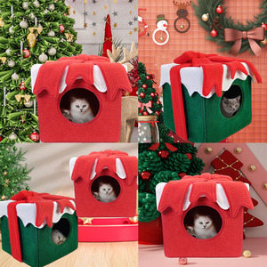 Caja de regalo navideña, cama para gatos cuadrada, de fibra de poliéster suave, lavable a mano, casa para mascotas, para el calor del invierno. - Product Image 1
