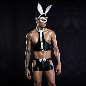 Costume de lapin pour <span class=keywords><strong>homme</strong></span> adulte <span class=keywords><strong>sexy</strong></span> pour fête, vente en gros d'usine, masque, haut, short, queue, quatre pièces - Product Image 3