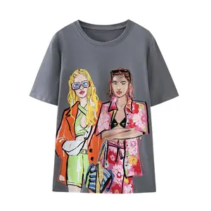 TAOP & ZA 2023 여름 새로운 느슨한 라운드 넥 티셔츠 탑 복고풍 소녀 인쇄 그레이 세련된 티셔츠 1131812