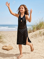 Groothandel meisjes zomer strand midi jurk geweven uitgeholde halter tie bikini cover-up kinder vakantiejurk met bloemen