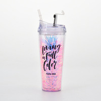 650ml 이중벽 투명 스노우볼 텀블러 PC 아크릴 DIY 컵 뚜껑 빨대 식품 등급 진공 단열 오피스 컵 파티 행사용