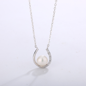S925 Sterling Silver Freshwater Pearl <b>U</b> Shape Pendant Necklace with CZ Lucky Horseshoe Design for Women - Product Image 4