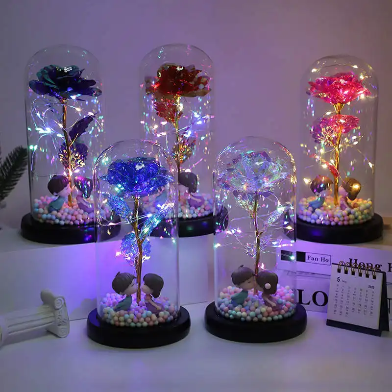 Valentine's Mother's Day Gift Artificial Decorative Flower Galaxy Rose Led Light 24K Golden Foil Rose In Glass Dome