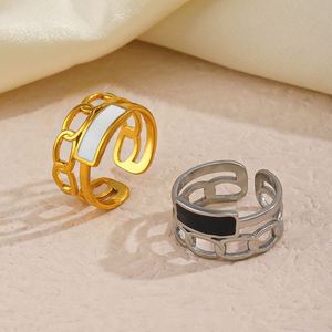Anillo de Oro Hip Hop para Mujer, Diseño de Goteo de Aceite Blanco y Negro, Anillo de Cadena Ajustable, Chapado en Oro de 18k, Joyería de Acero Inoxidable al por Mayor - Product Image 4