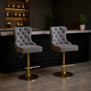 Tabourets de bar modernes en velours, hauteur réglable, base dorée, pivotants et rembourrés, pour mobilier de bar à domicile - Product Image 2