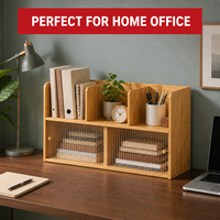 Organisateur de bureau à 2 niveaux en bambou naturel avec portes coulissantes en verre, armoire de rangement en bois clair à 3 sections de 70 cm pour le bureau à domicile