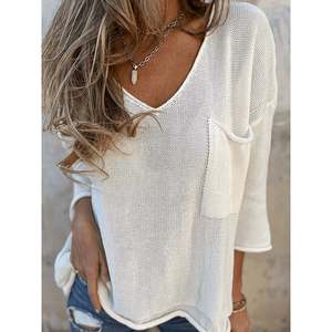 เสื้อสเวตเตอร์คอวีผ่าข้างทรงหลวมสีกากีสำหรับผู้หญิง - Product Image 3