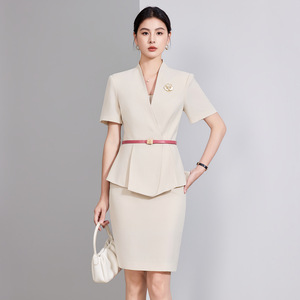 Hotel Uniforms Women Short Sleeve Cream Suit Set With Belt And Flower Brooch For Receptionist Workwear Summer 2025 - Product Image 1