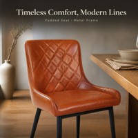Chaise de salle à manger moderne en métal, revêtement vinyle cognac, assise matelassée en losanges, pour restaurant, café, hôtel, maison