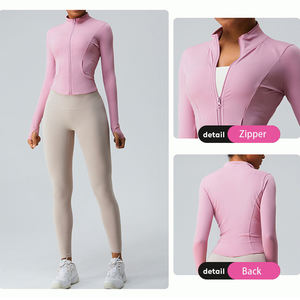 Automne fermeture éclair Yoga vestes pour femmes trous de pouce coupe ajustée à manches longues haut Gym Fitness Yoga porter séchage rapide sport manteau survêtement - Product Image 5