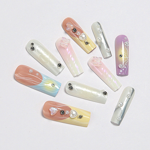 Vente en gros de <span class=keywords><strong>faux</strong></span> ongles longs carrés multicolores pour l'été, effet dégradé <span class=keywords><strong>pastel</strong></span>, avec papillon irisé 3D - Product Image 1