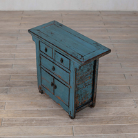 Table de chevet en bois massif bleu turquoise vieilli, style rustique antique, armoire de chevet à 3 tiroirs et 2 portes
