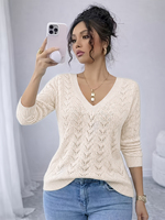 Pull en maille ajouré à col en V pour femme, manches longues, léger, en crochet ajouré, élégant, pour le printemps et l'automne