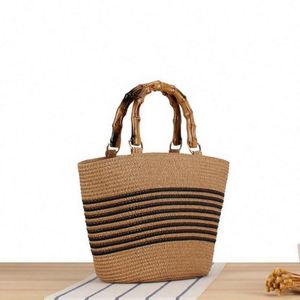 Sac fourre-tout d'été en paille tressée avec poignée en bambou et rayures contrastées pour femme - Vente en gros - Product Image 3