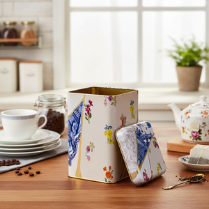 Kontensan ER0225I 1.6L Kintsugi Gold Vein Flower Design Square Metal Storage Tin 105x105x160mm Food <b>Container</b> - Product Image 3