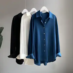 Camisa pendente de cetim XS-3XL feminina primavera e outono temperamento solto retrô moda Hong Kong 2023 nova blusa de mangas compridas