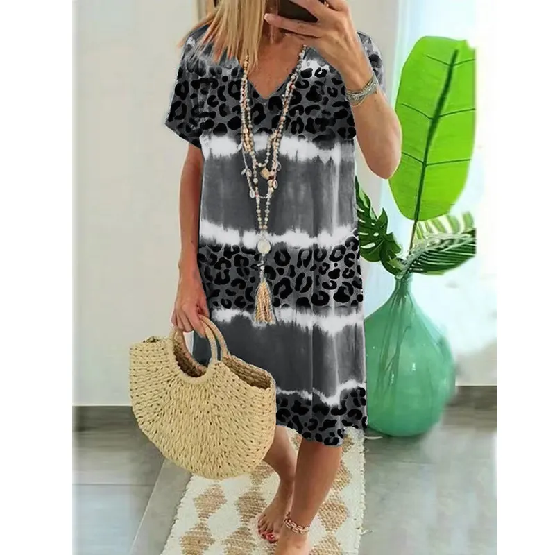 Hot Sale Summer Women Leopard Color Block V-Neck Short Sleeve Plus Size Dress