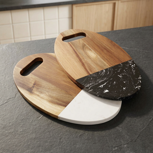 Planche à découper ronde en bois avec incrustation de marbre, design bicolore, pour la cuisine - Product Image 2