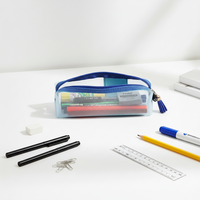 Trousse à crayons transparente en maille bleue et grise avec fermeture éclair métallique pour sac à main, pochette pour marqueurs, essentiels universitaires, fournitures scolaires